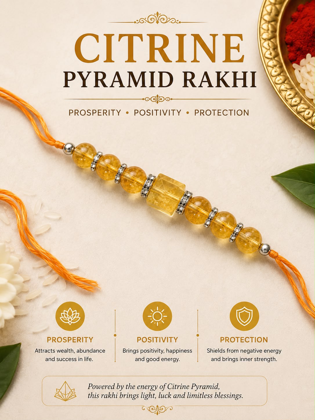 Citrine Pyramid Rakhi – Prosperity, Positivity & Protection