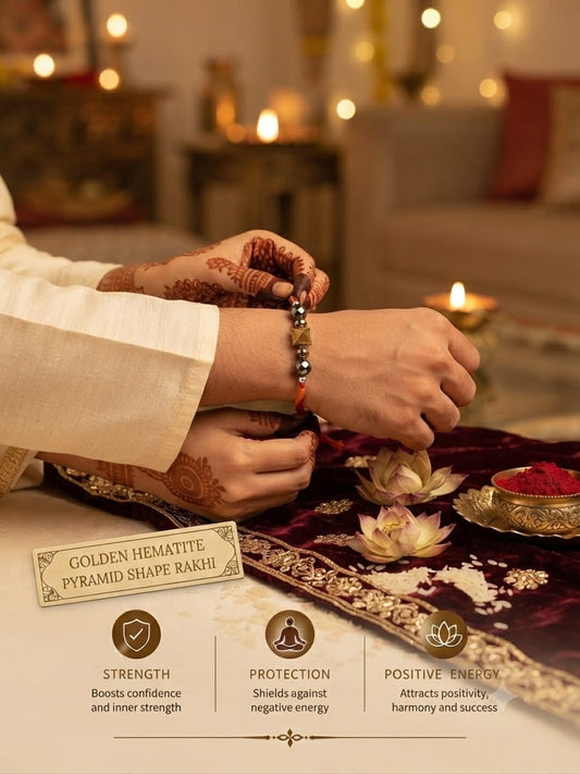 Golden Hematite Pyramid Rakhi – Handmade with Real Natural Stones