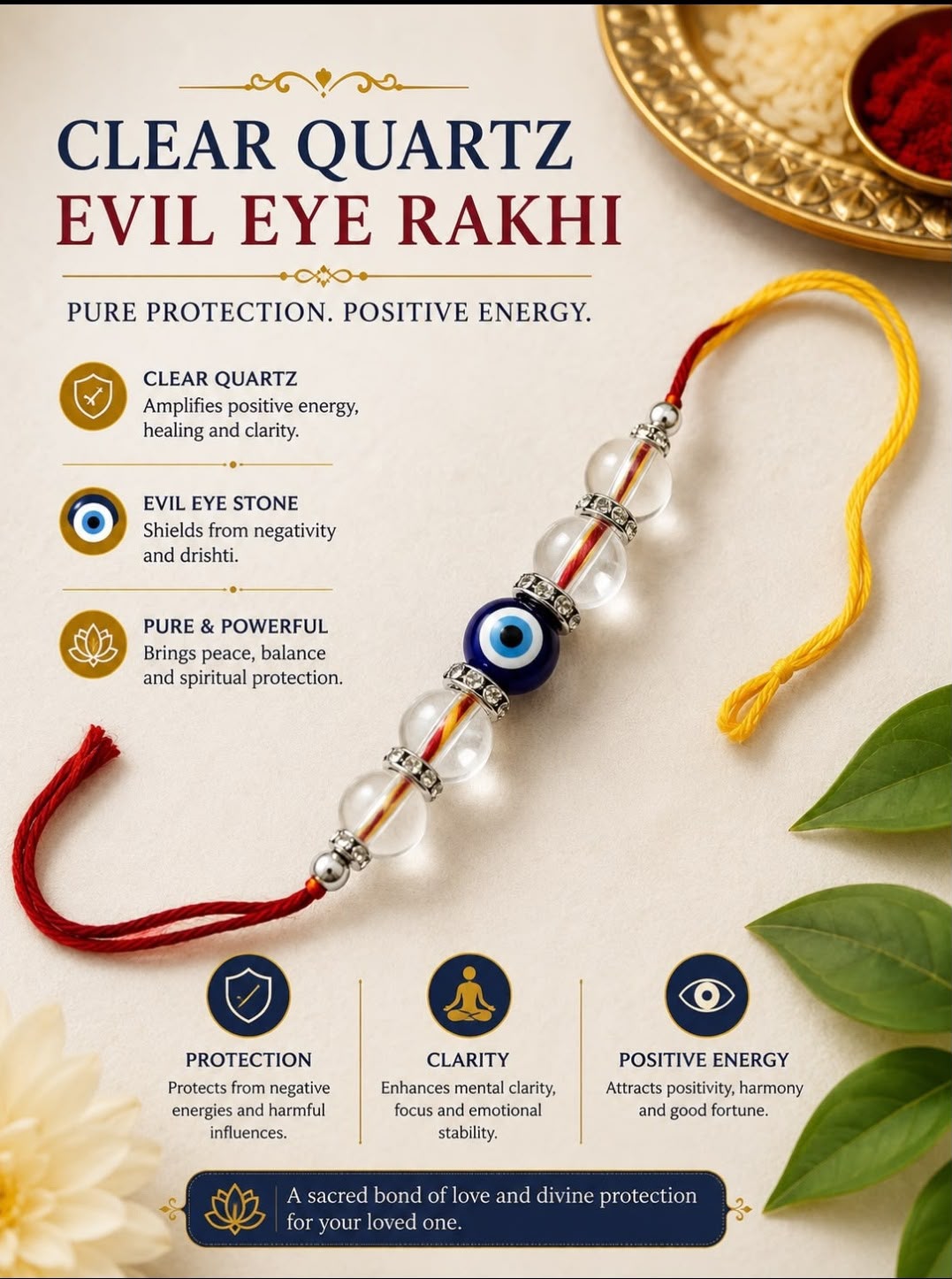 Premium Clear Quartz & Evil Eye Protection Rakhi | Handmade Natural Stone Rakhi