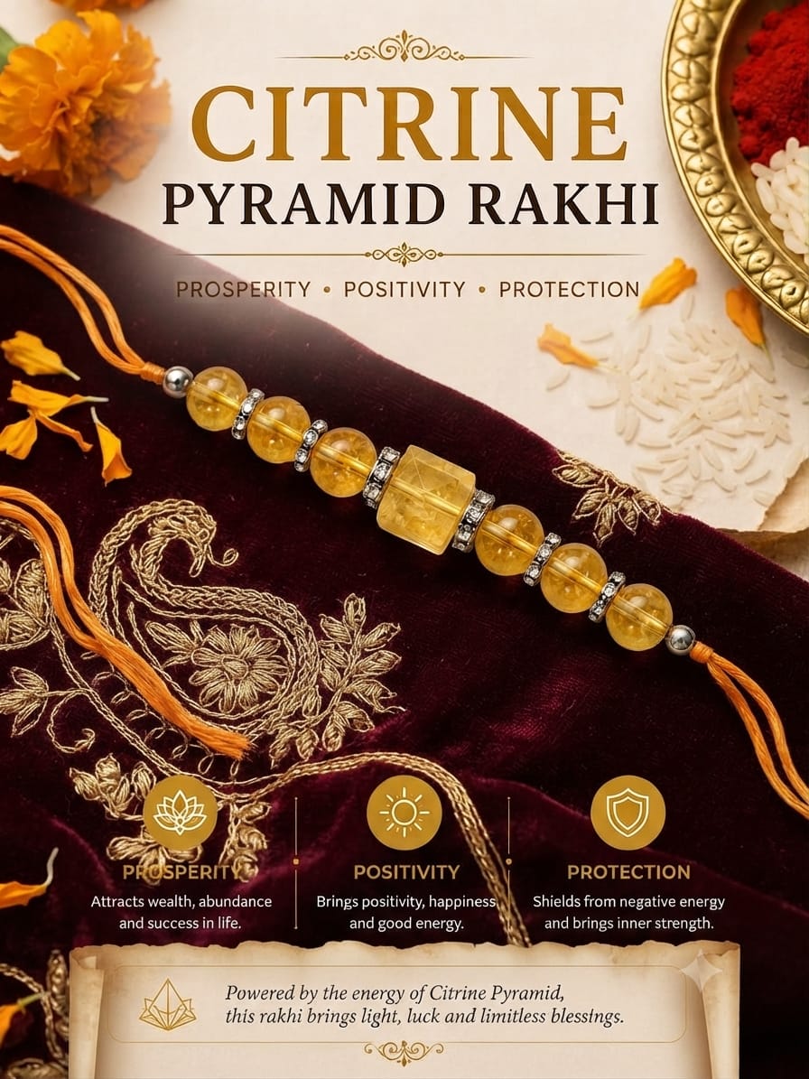Citrine Pyramid Rakhi – Prosperity, Positivity & Protection