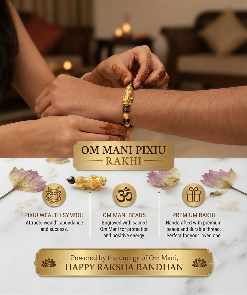 Om Mani Pixiu Rakhi – Feng Shui Wealth & Protection Bracelet Rakhi | Premium Handcrafted Raksha Bandhan Gift