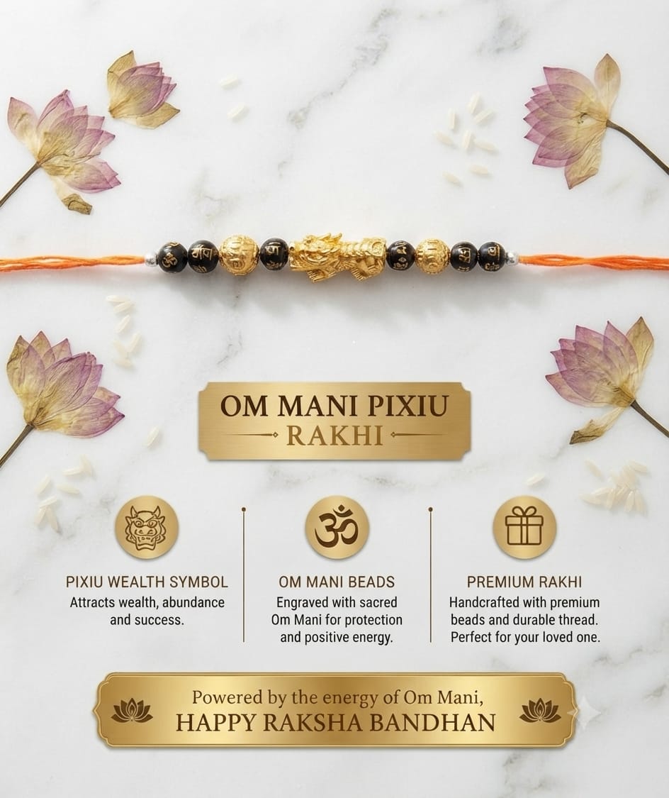 Om Mani Pixiu Rakhi – Feng Shui Wealth & Protection Bracelet Rakhi | Premium Handcrafted Raksha Bandhan Gift