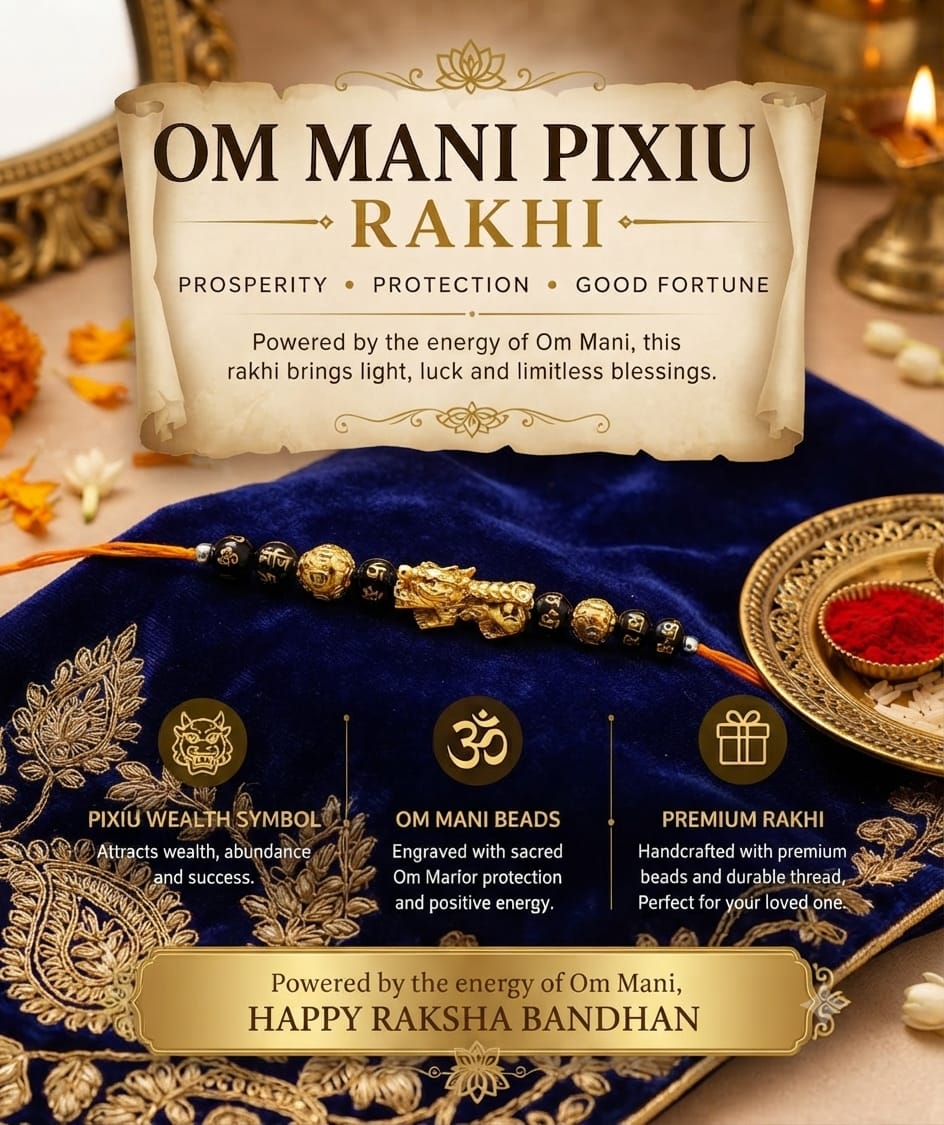 Om Mani Pixiu Rakhi – Feng Shui Wealth & Protection Bracelet Rakhi | Premium Handcrafted Raksha Bandhan Gift