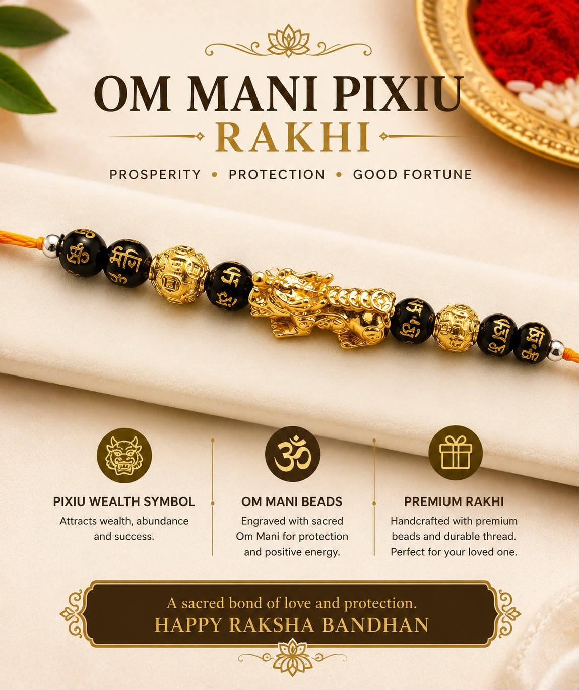 Om Mani Pixiu Rakhi – Feng Shui Wealth & Protection Bracelet Rakhi | Premium Handcrafted Raksha Bandhan Gift