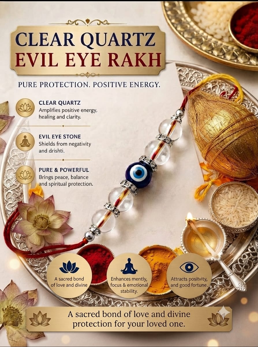 Premium Clear Quartz & Evil Eye Protection Rakhi | Handmade Natural Stone Rakhi