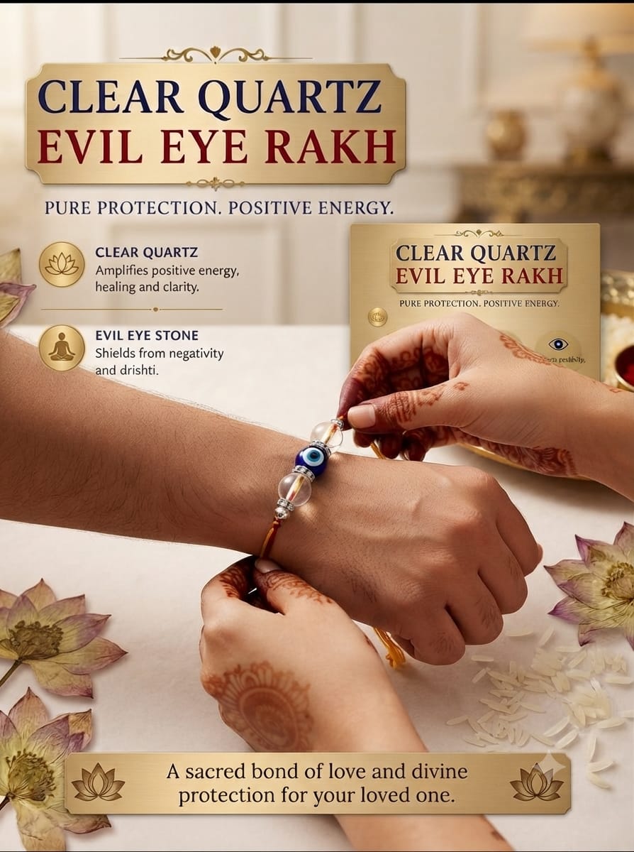 Premium Clear Quartz & Evil Eye Protection Rakhi | Handmade Natural Stone Rakhi