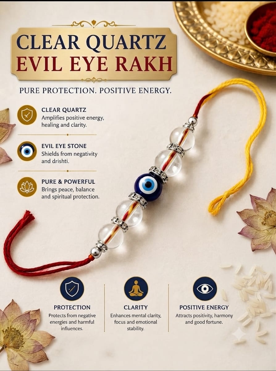 Premium Clear Quartz & Evil Eye Protection Rakhi | Handmade Natural Stone Rakhi