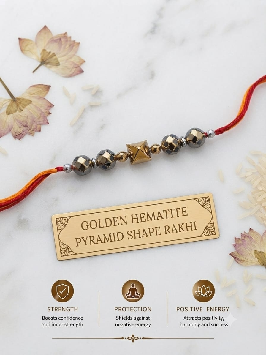 Golden Hematite Pyramid Rakhi – Handmade with Real Natural Stones