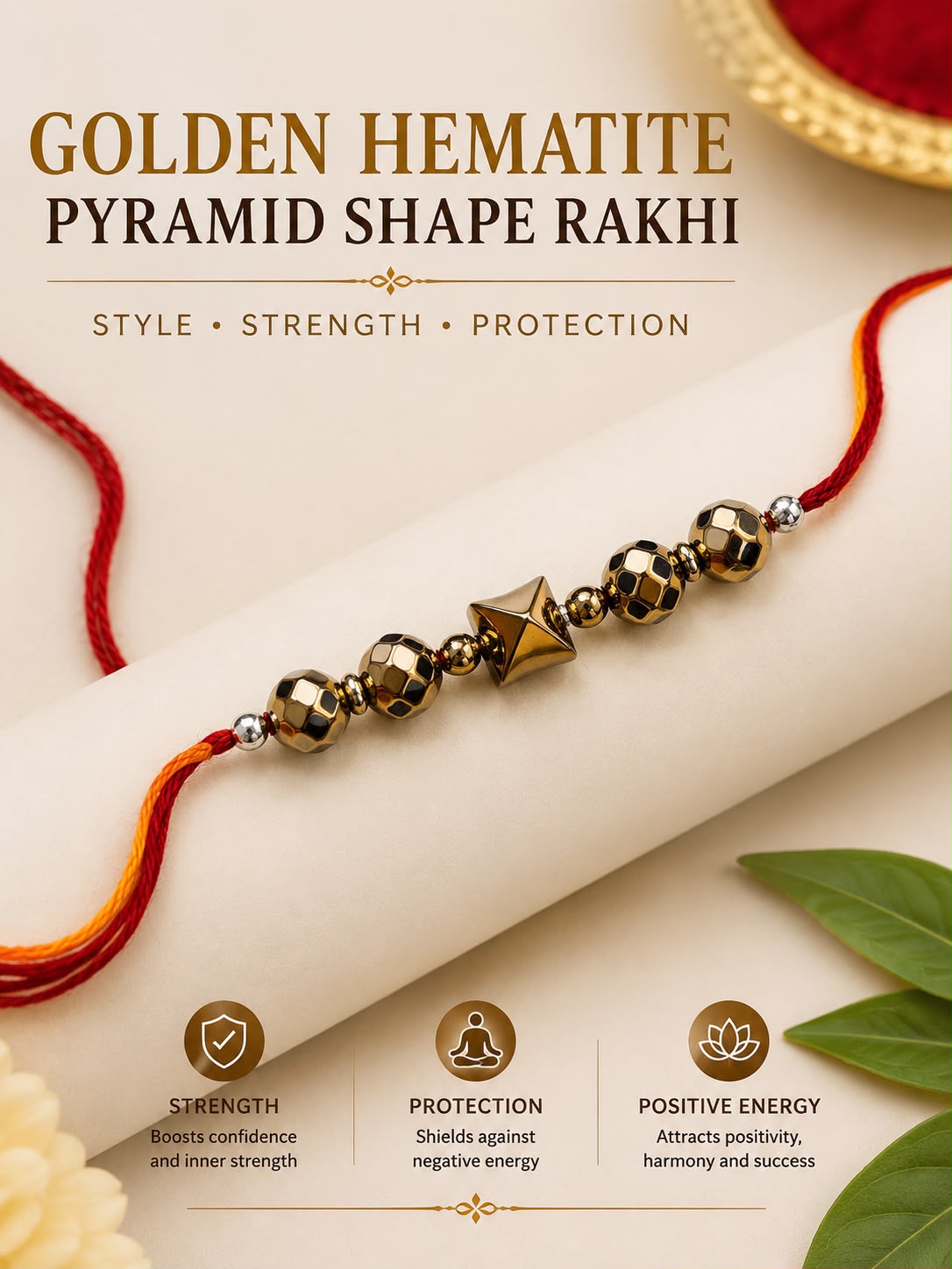 Golden Hematite Pyramid Rakhi – Handmade with Real Natural Stones